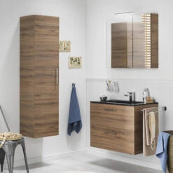 Tiger Studio Badkamermeubel 80 Cm Chalet Eiken Met Wastafel Polybeton Mat Zwart Greep Rvs Plat -Badkamer Verkoop Winkel 123 248