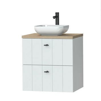 Tiger Maryport Badkamermeubelset 60 Cm Mat Wit Met Licht Eiken Wasblad, Witte Keramische Opzetkom En Matzwarte Grepen 3 Tiger Maryport Badkamermeubelset 60 Cm Mat Wit Met Licht Eiken Wasblad, Witte Keramische Opzetkom En Matzwarte Grepen