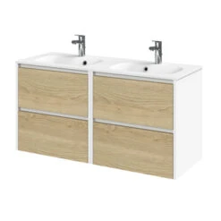 Tiger Reverse Meubelset 2x60 Cm Met 4 Lades Naturel Eik / Mat Wit Inclusief Oval Wastafel Mat Wit