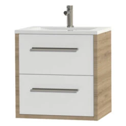 Tiger Badkamermeubel Boston 60 Cm Chalet Eik Met Polybeton Wastafel Wit En Ronde Grepen RVS -Badkamer Verkoop Winkel 123 386